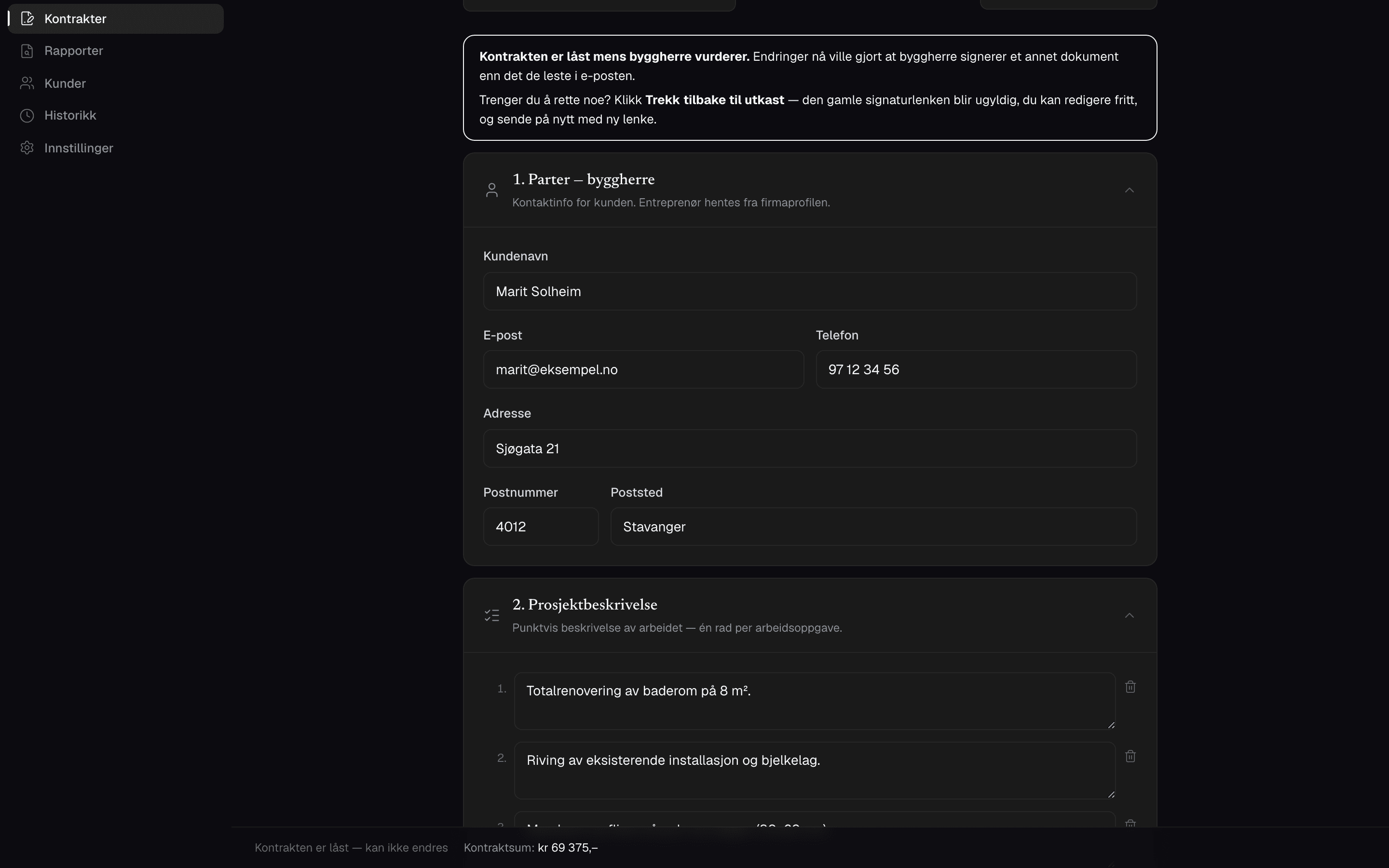Kontrakt-skjema med kundeinfo og prosjektbeskrivelse