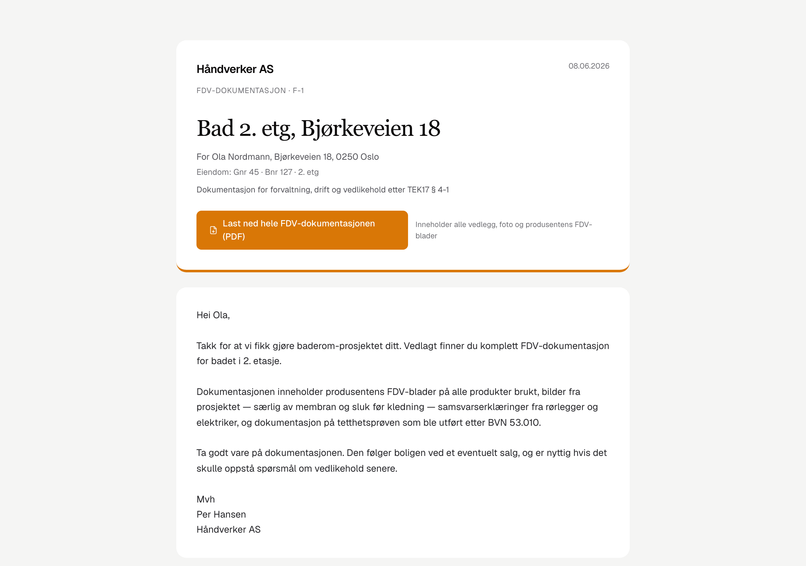 Branded FDV-landingsside som kunden får tilsendt
