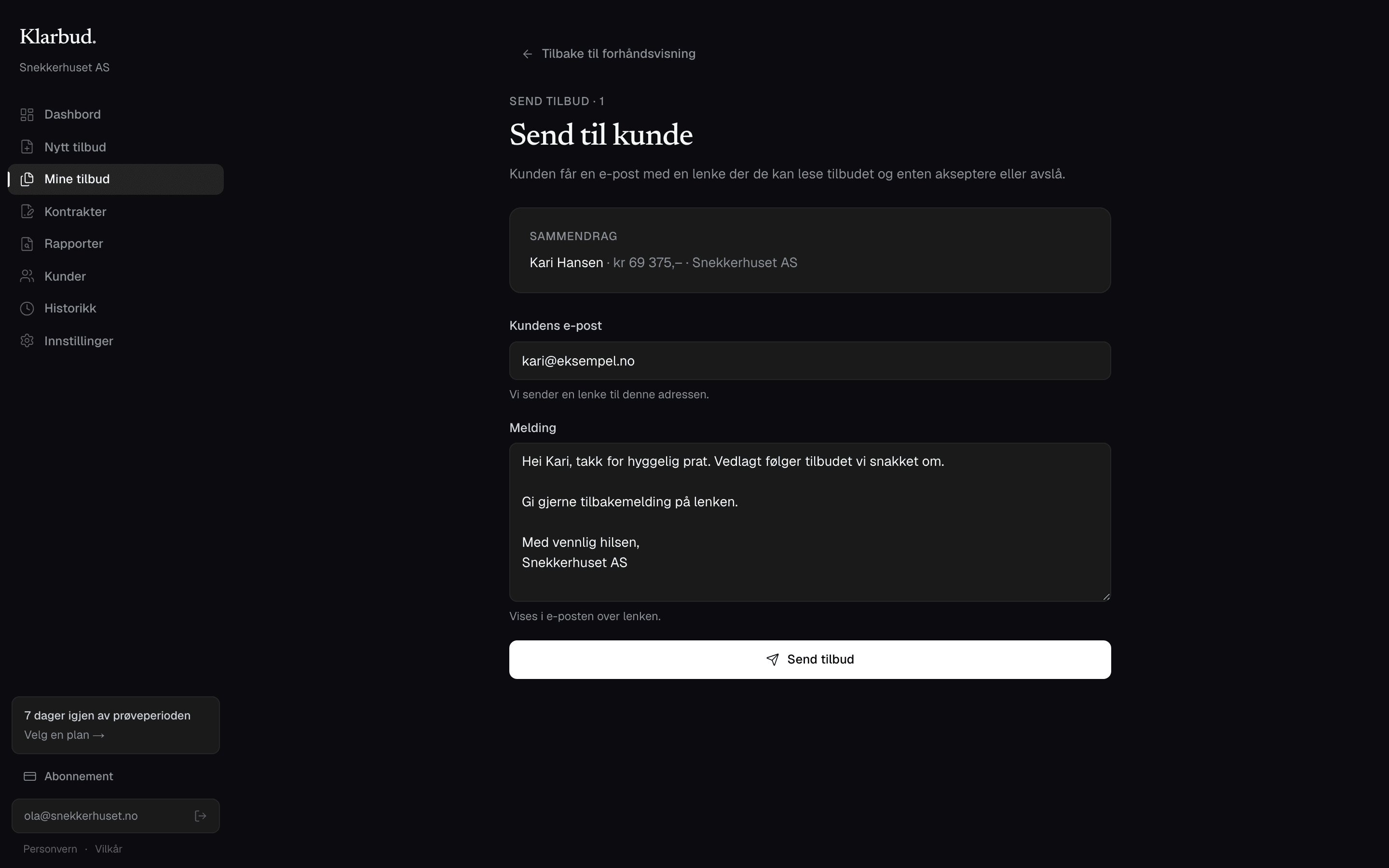 Send tilbud-dialog med e-post og melding