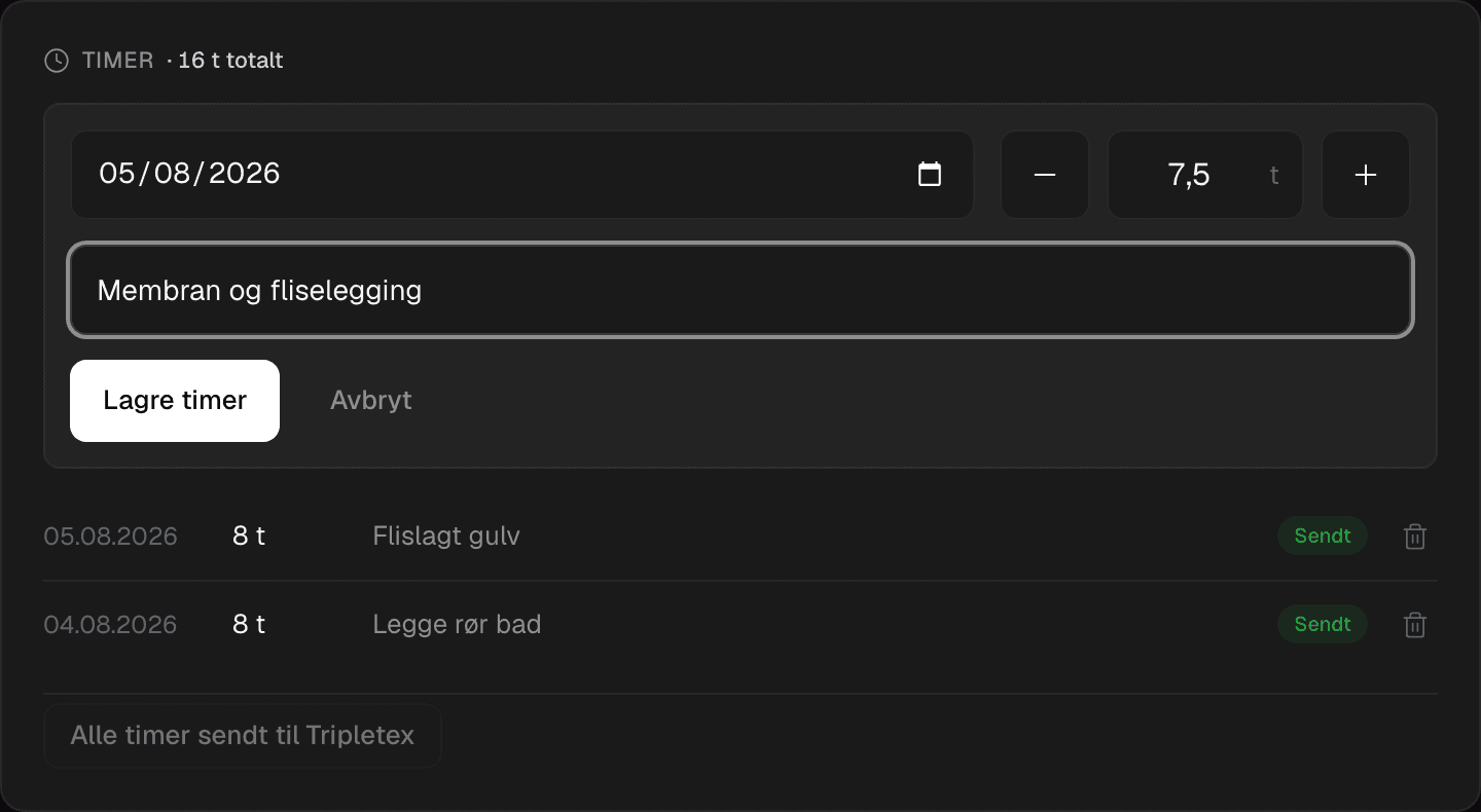 Timer-seksjonen på et prosjekt med førte timer merket «Sendt» til Tripletex