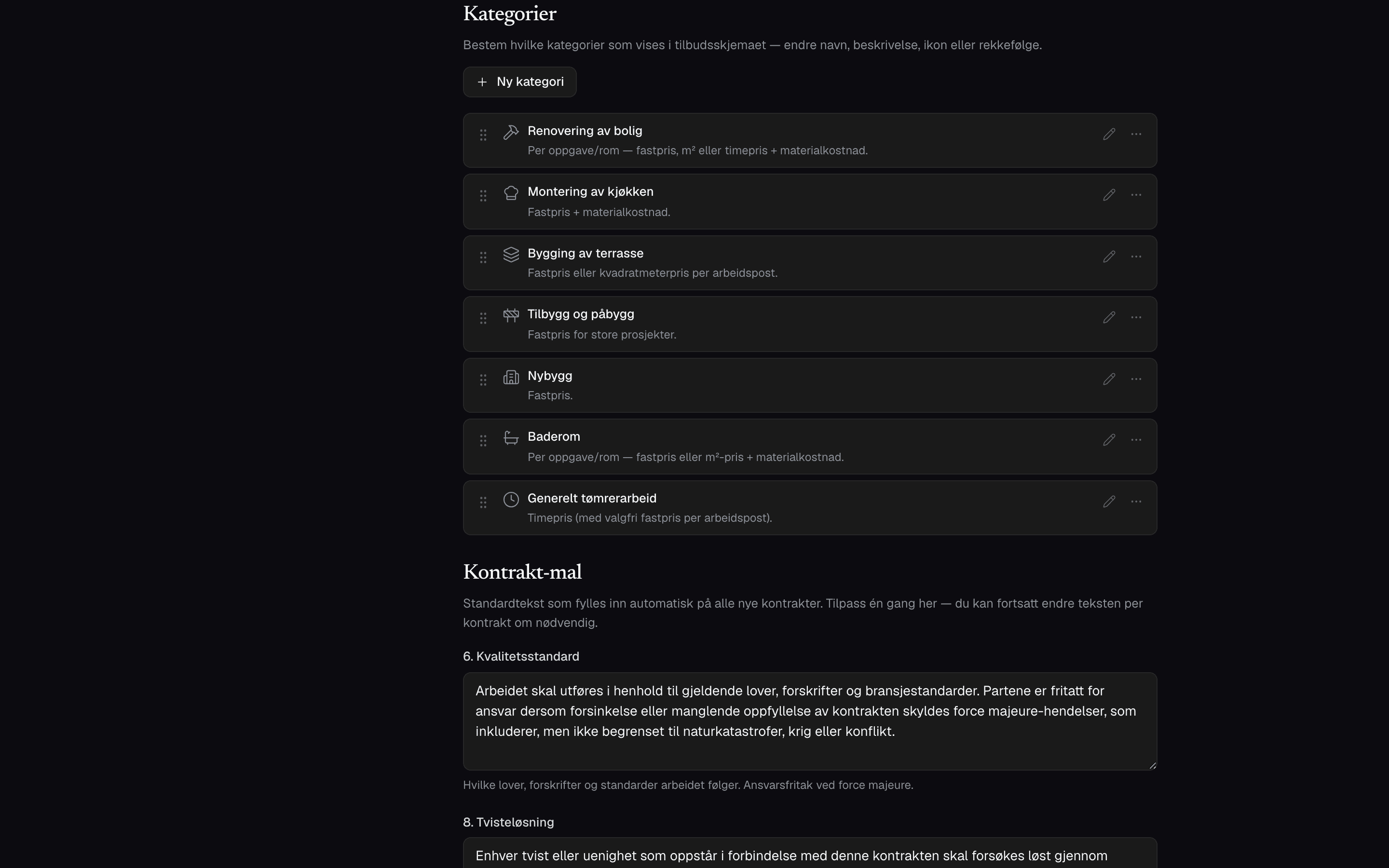 Kategorier-listen med ikoner og rekkefølge