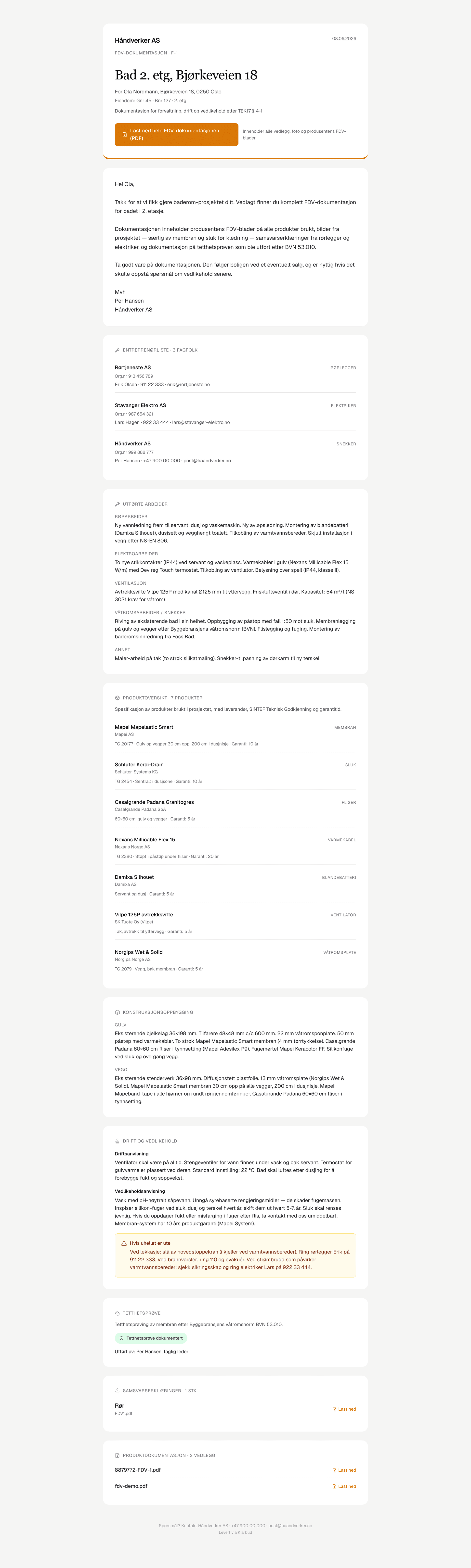 Branded FDV-landingsside med alle FFV-seksjoner kunden får tilsendt
