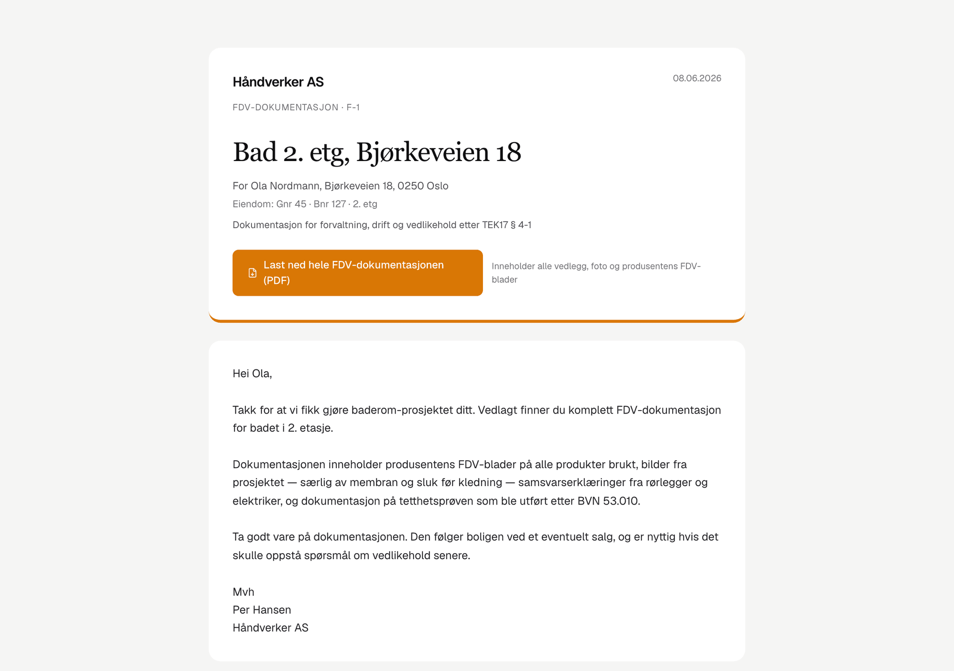 Branded FDV-landingsside som kunden får tilsendt