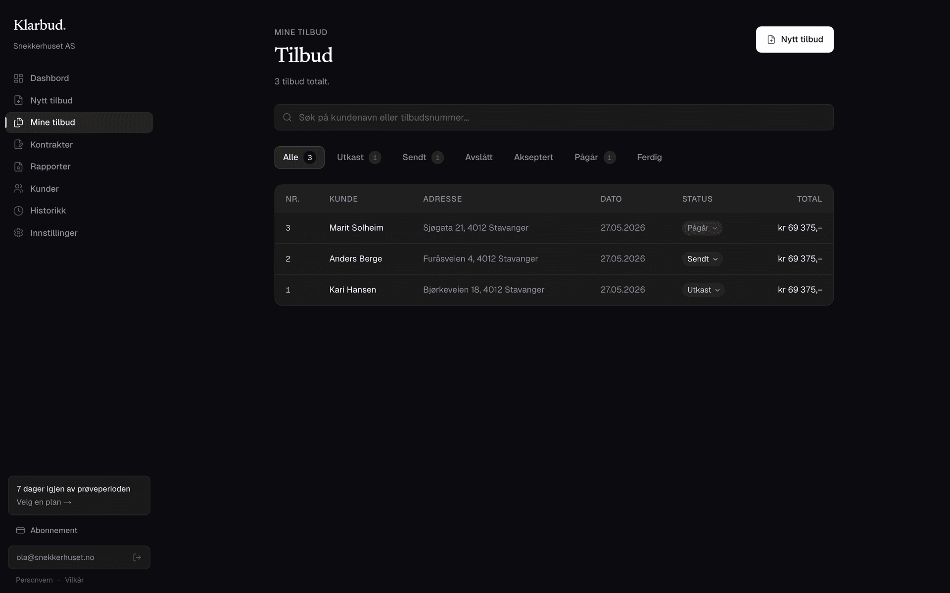 Mine tilbud-liste med status-pills og filter-chips