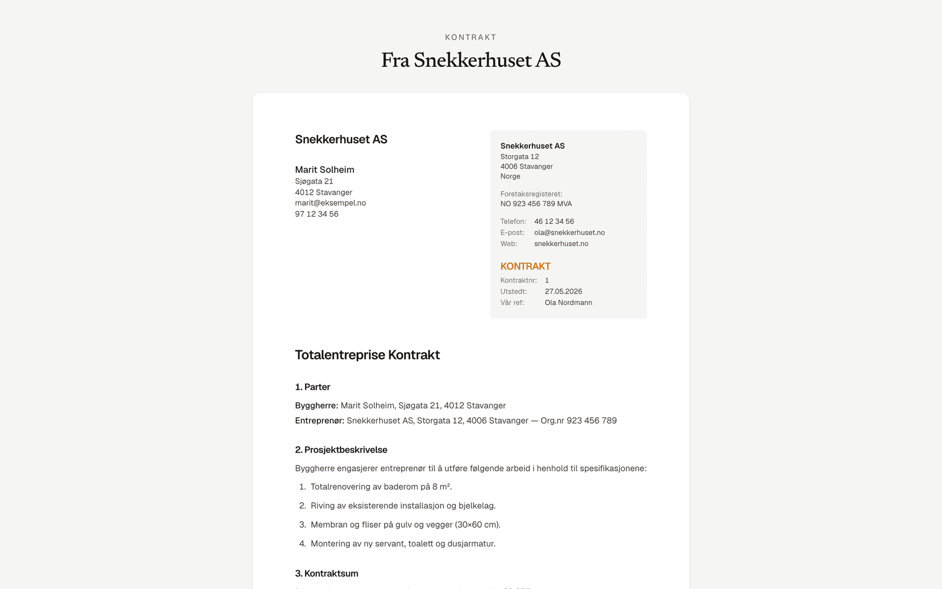 Kontraktsdokument i kundens visning klar for signering