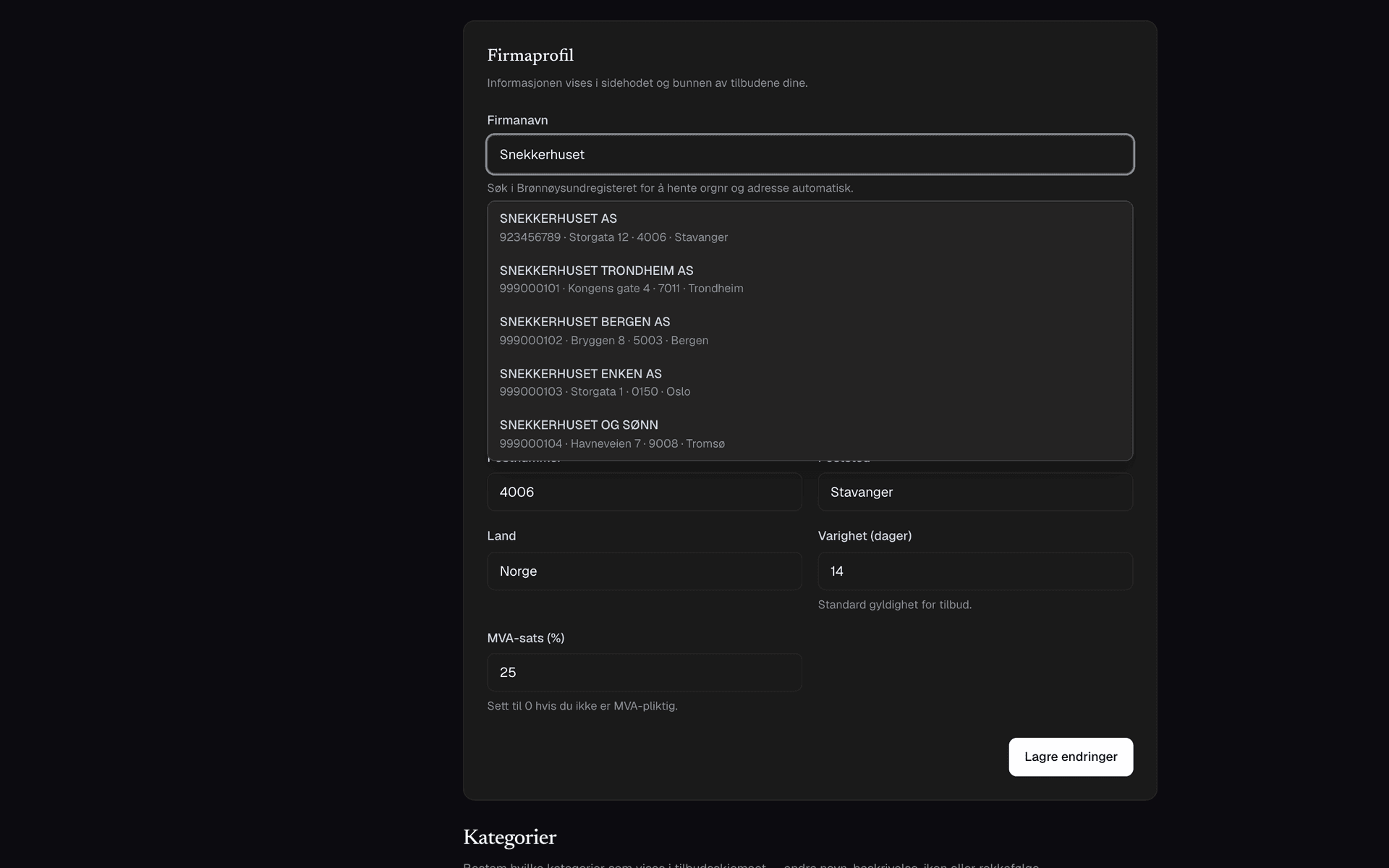 Brønnøysund-dropdown med treff på firmanavn