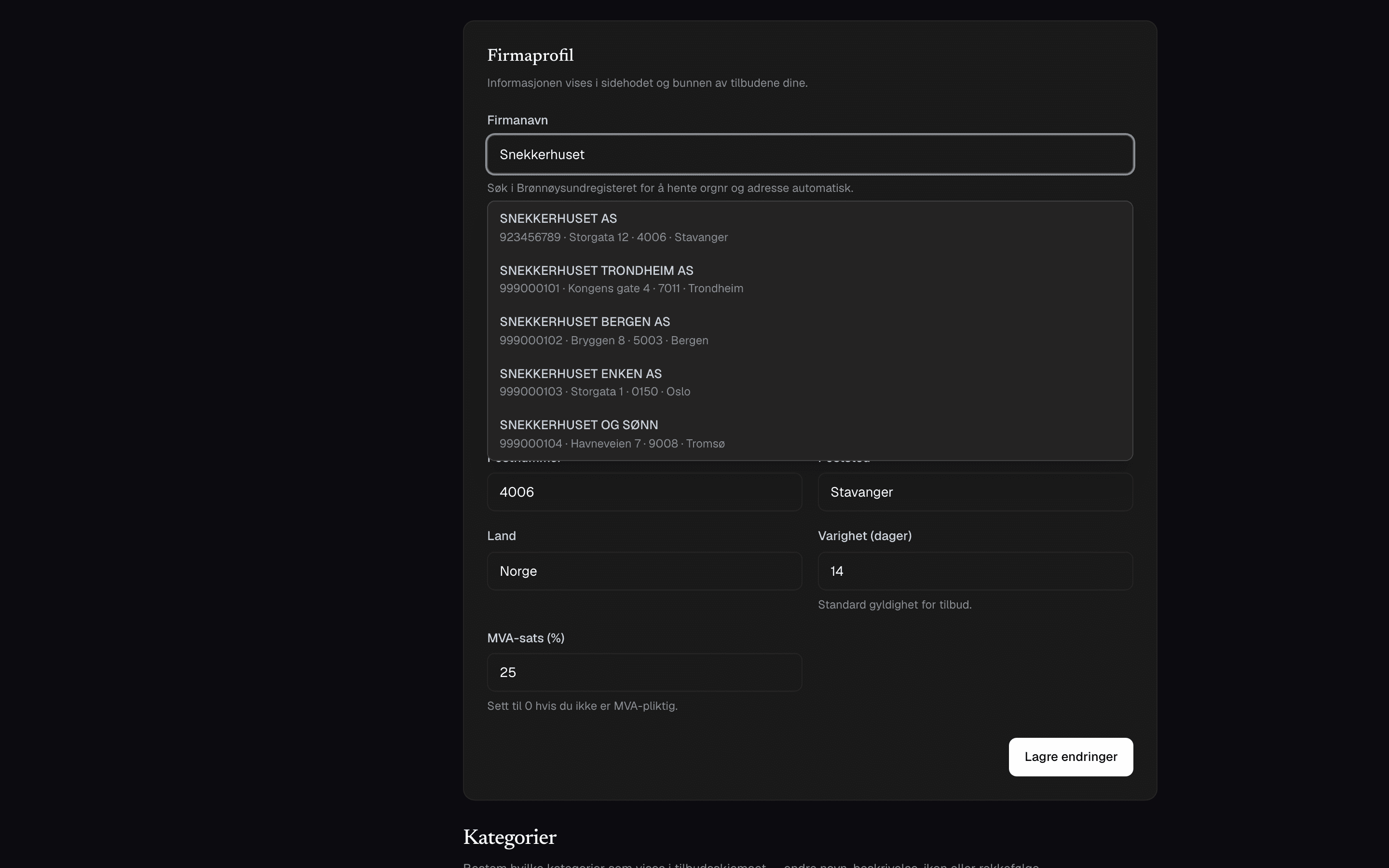 Brønnøysund-dropdown viser firmaforslag mens du skriver