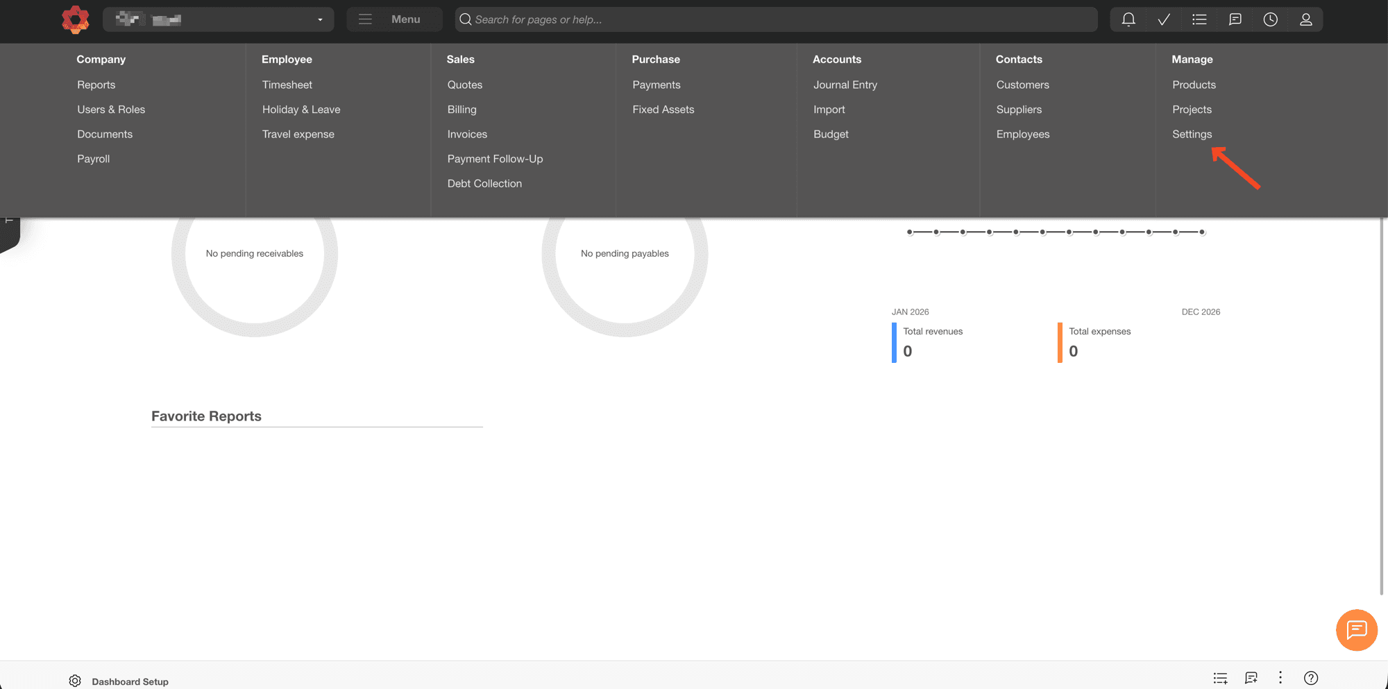 PowerOffice Go-menyen åpen med pil mot Settings under Manage-kolonnen