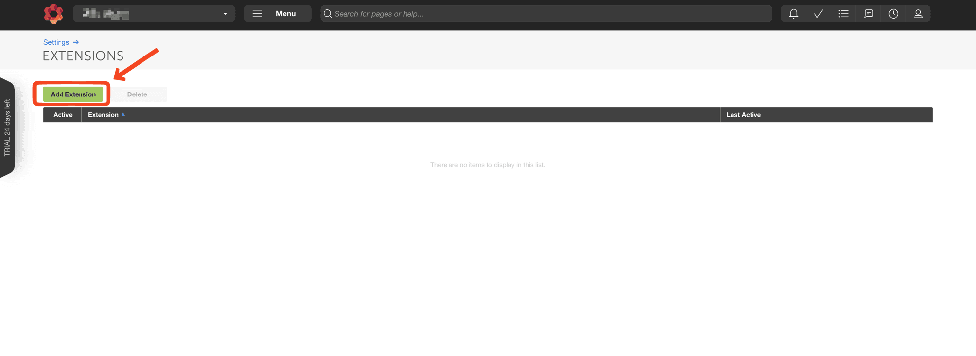 Extensions-siden med Add Extension-knappen framhevet