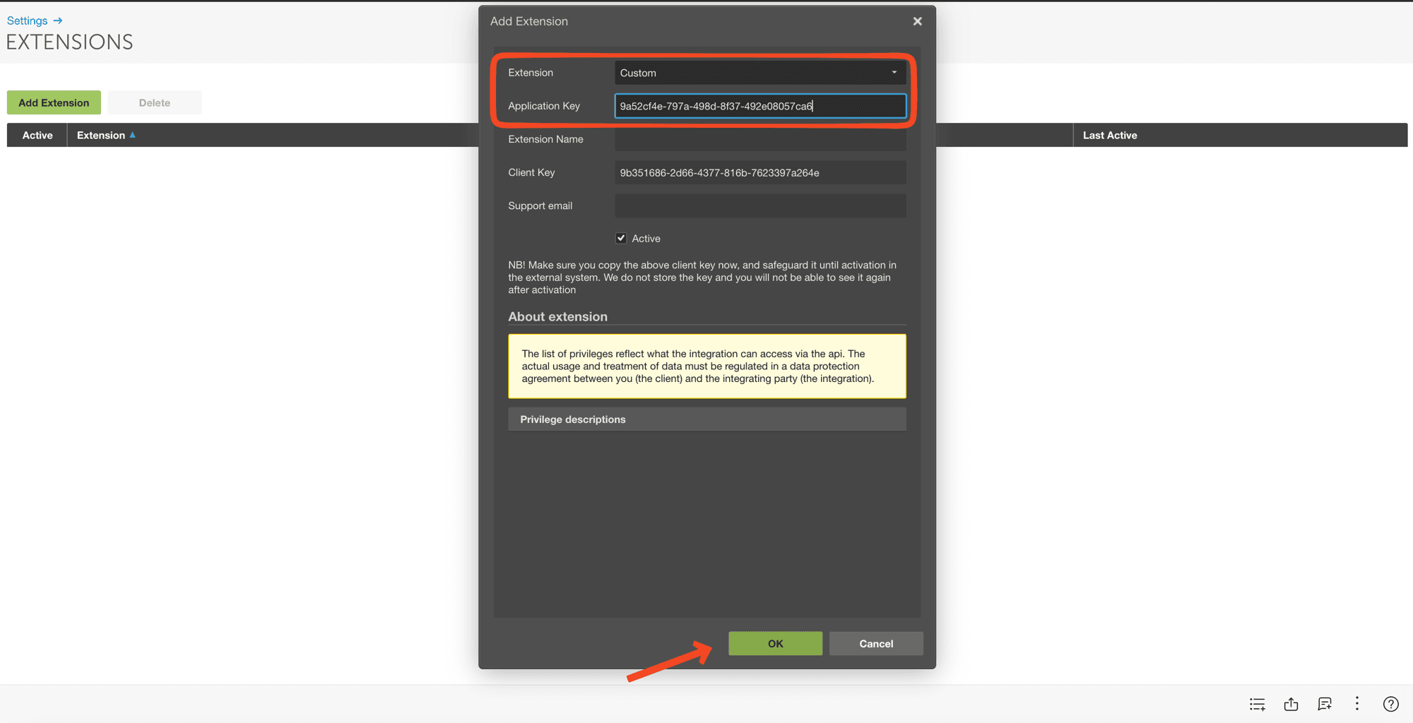 Add Extension-dialogen med Application Key utfylt og OK-knappen framhevet