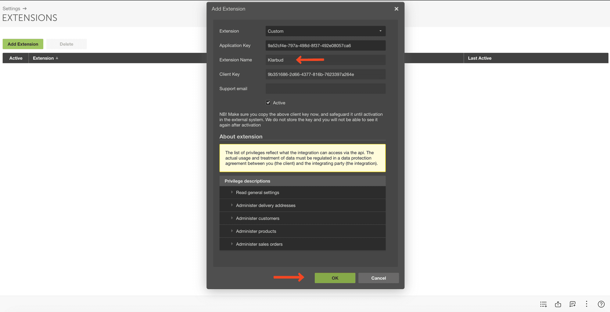 Add Extension-dialogen med Extension Name 'Klarbud' og privilege-listen synlig